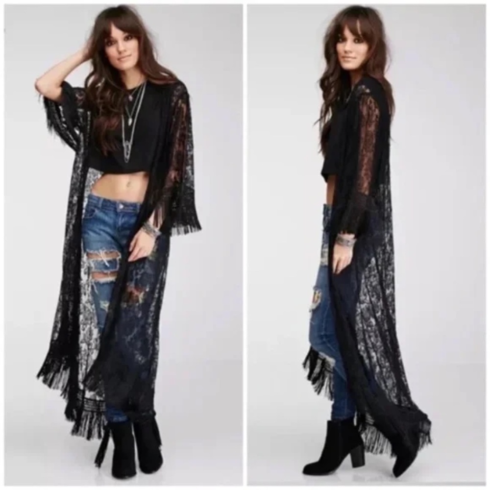 Black Lace Long Duster with Fringe Details